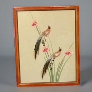 Vintage Feather Bird Art Pair Framed Mid Century Nature Scene Wall Decor
